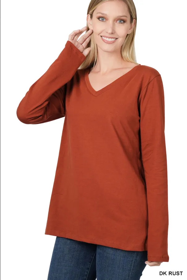 Zenana Cotton V-Neck Long Sleeve T-Shirt